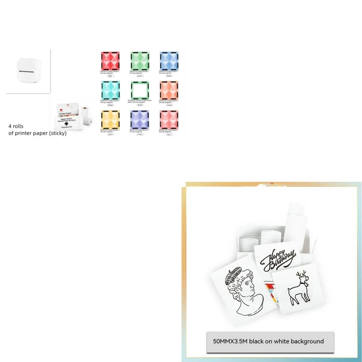Portable mini thermal label printer in white, 87mm by 90mm by 40mm, with Bluetooth connectivity and inkless printing