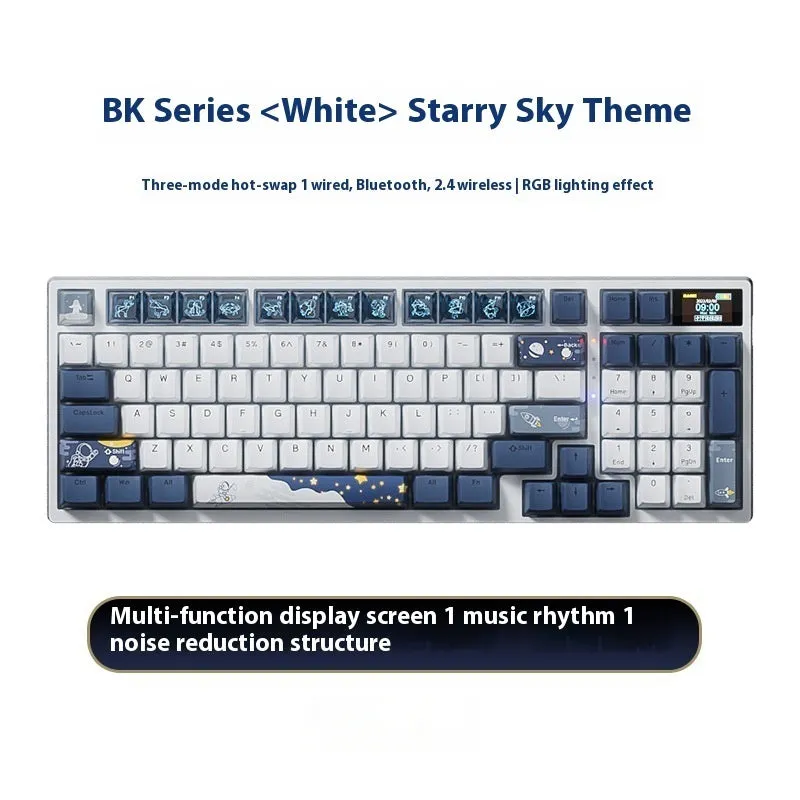 Wireless mechanical keyboard with three-mode Bluetooth, 88-98 keys, RGB backlight, hot swap switches, and colour screen display