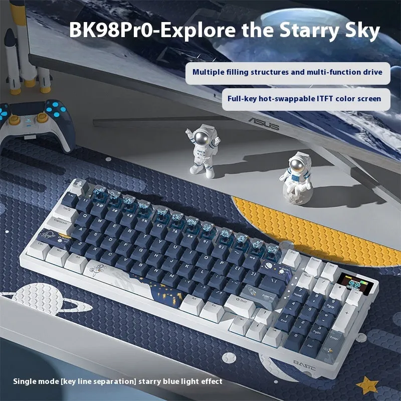 Wireless mechanical keyboard with three-mode Bluetooth, 88-98 keys, RGB backlight, hot swap switches, and colour screen display