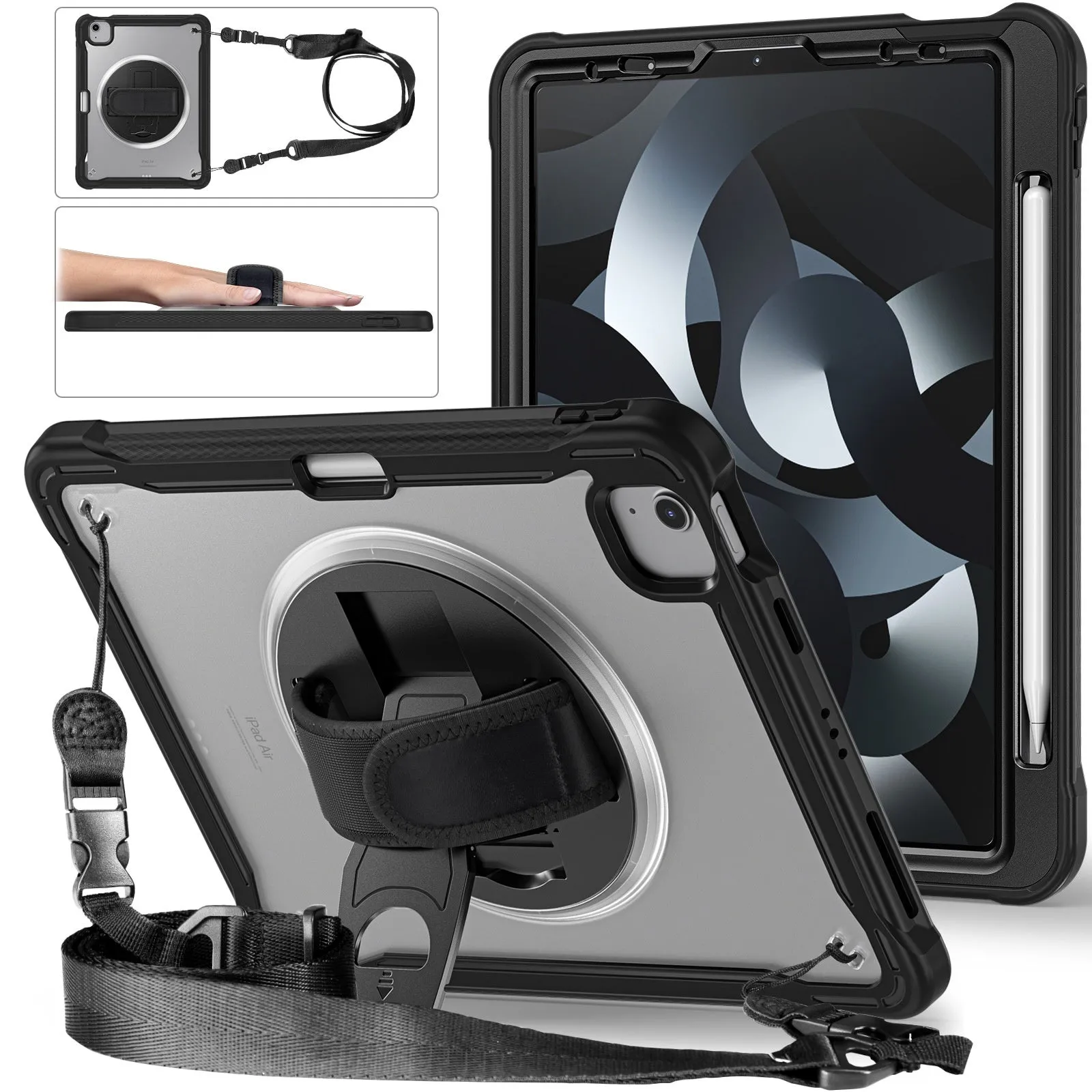 iPad Mini 6 tablet case 8.3-inch rotating bracket black colour PC TPU protective cover with lanyard