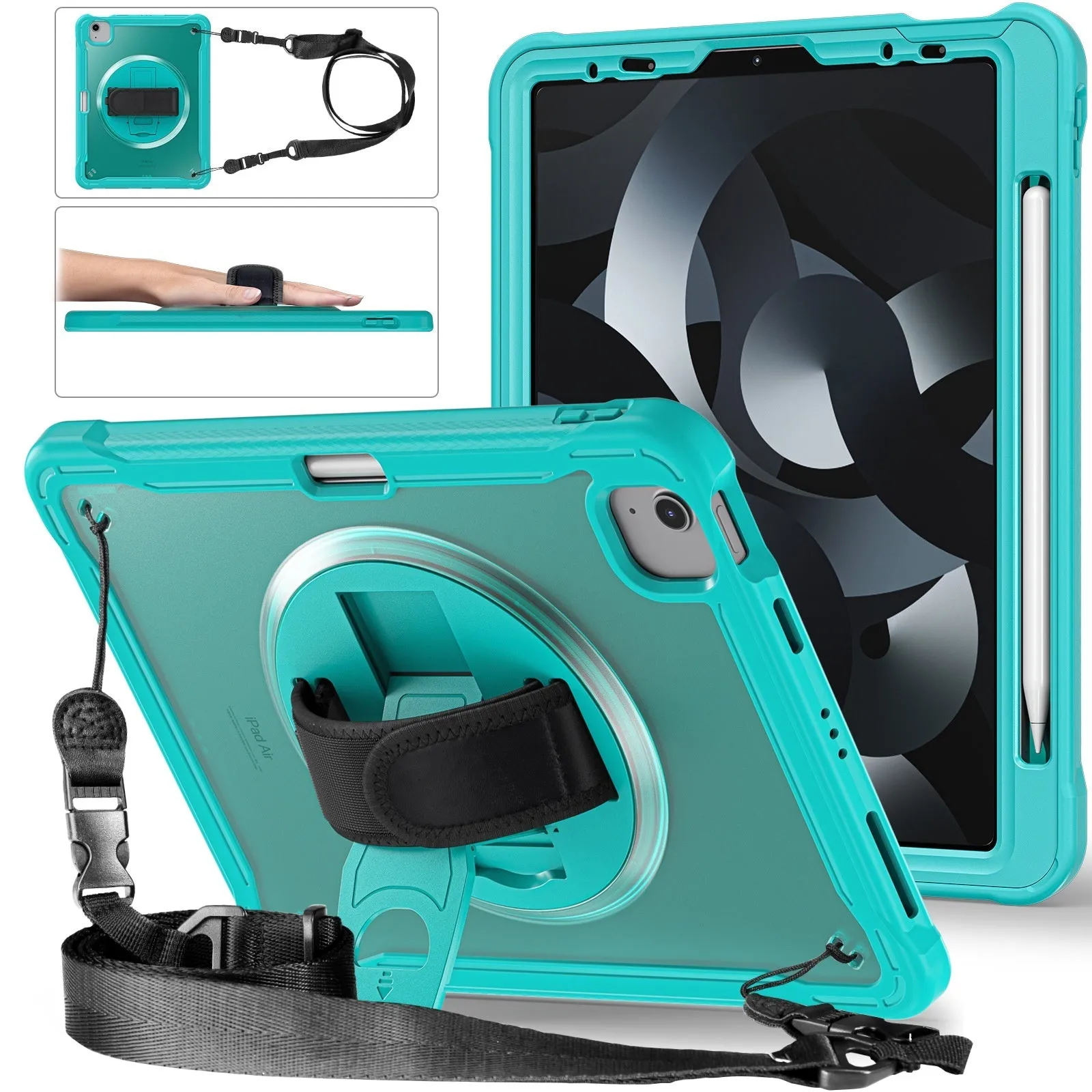 iPad Mini 6 tablet case 8.3-inch rotating bracket black colour PC TPU protective cover with lanyard