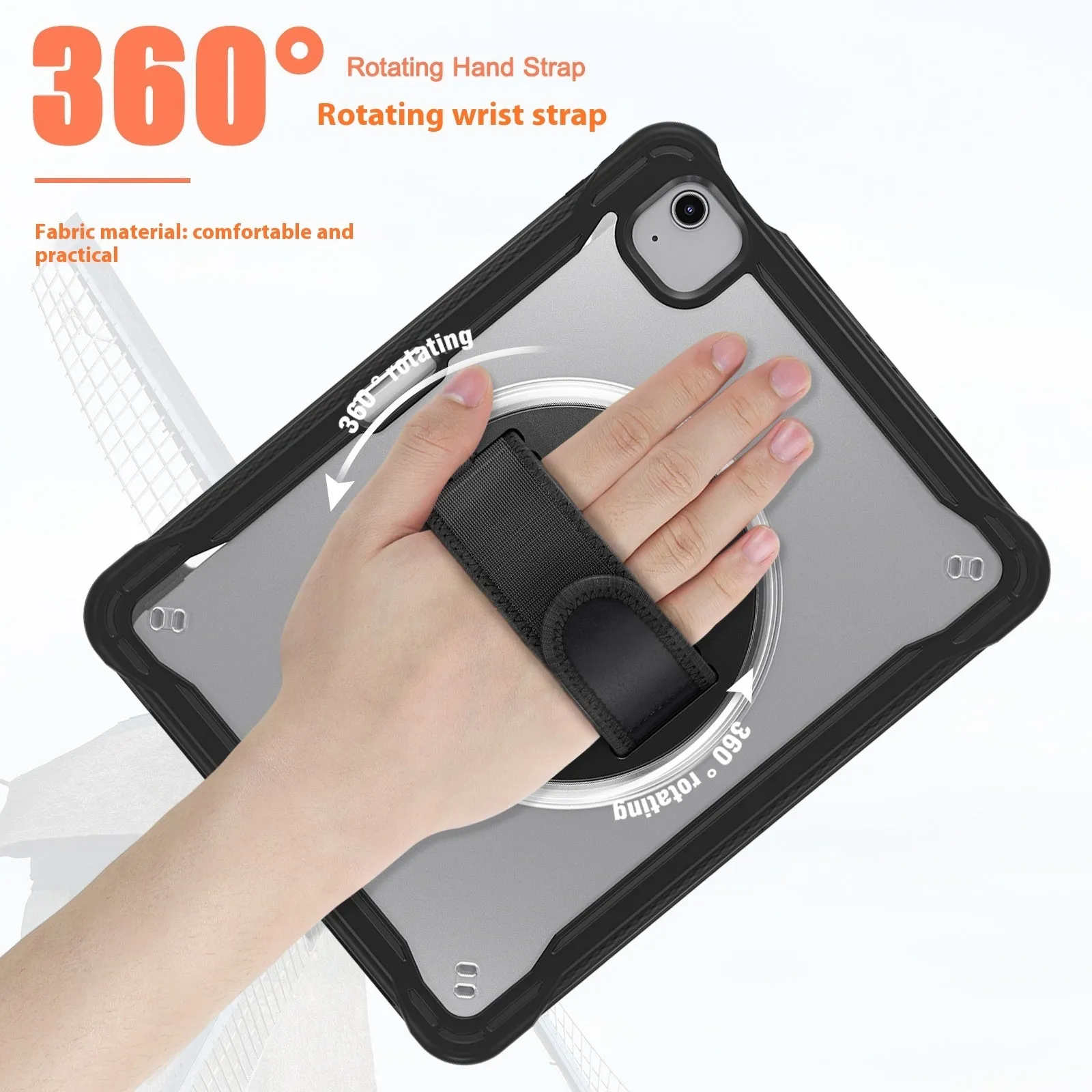 iPad Mini 6 tablet case 8.3-inch rotating bracket black colour PC TPU protective cover with lanyard