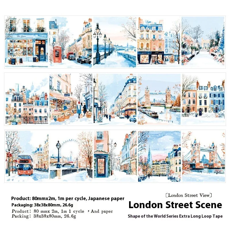 World Shape Series Life Landscaping Journal Stickers set with 4 style options on a 2-metre PET roll. London Street View, City Travelers, Colorful Town, Every Day.