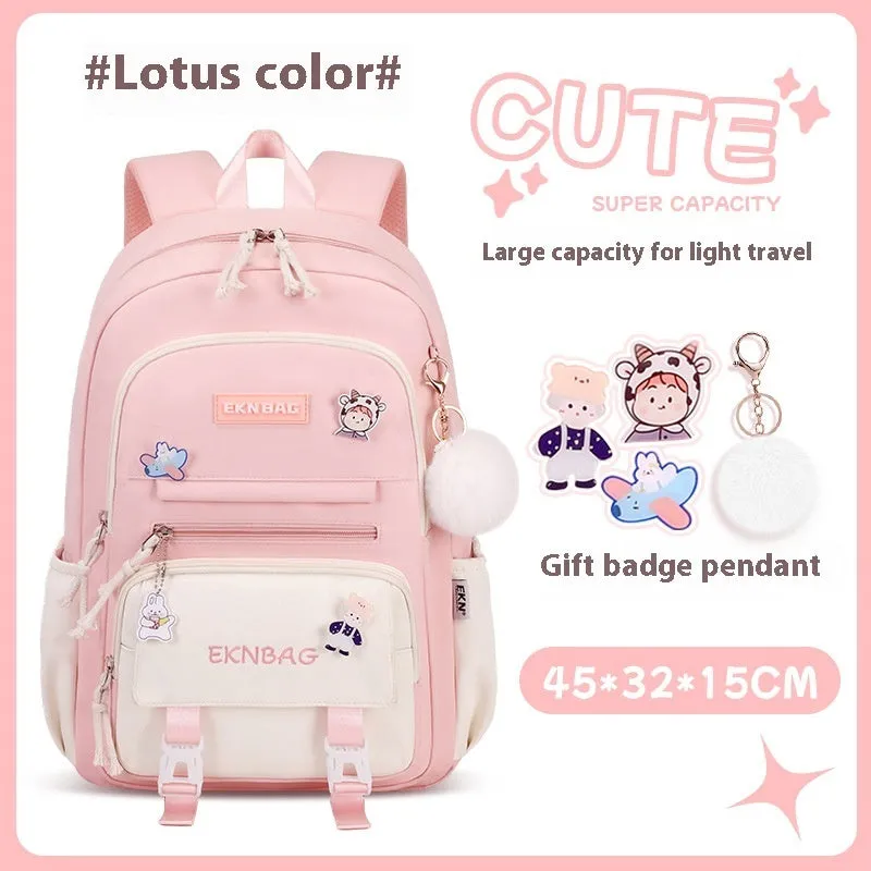 Pink waterproof school backpack set for girls with matching pencil case and tuition bag on a white background.