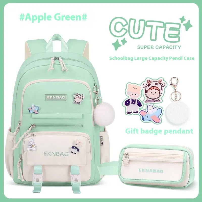 Pink waterproof school backpack set for girls with matching pencil case and tuition bag on a white background.