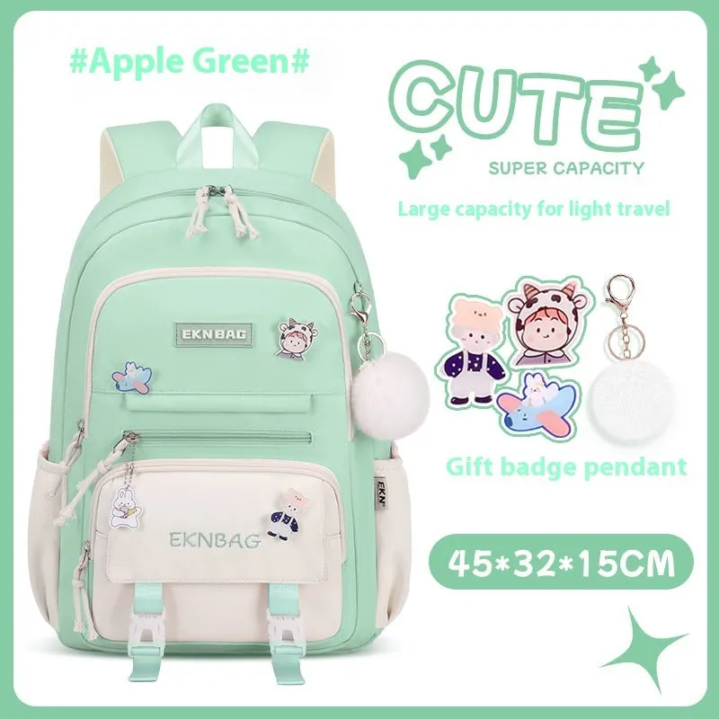 Pink waterproof school backpack set for girls with matching pencil case and tuition bag on a white background.