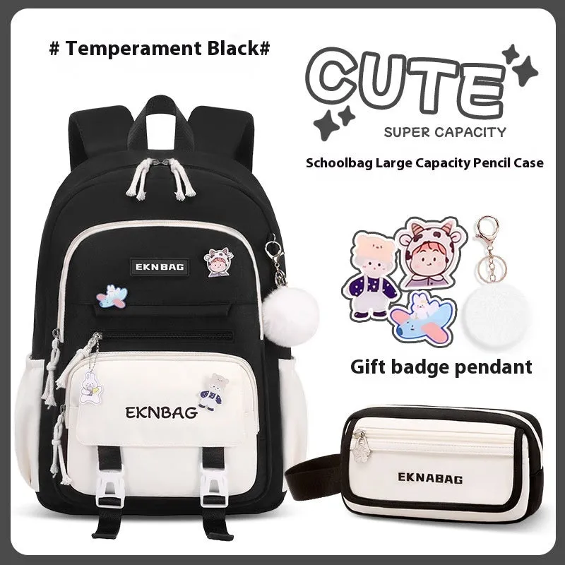 Pink waterproof school backpack set for girls with matching pencil case and tuition bag on a white background.