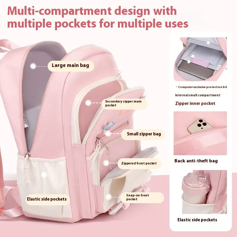 Pink waterproof school backpack set for girls with matching pencil case and tuition bag on a white background.