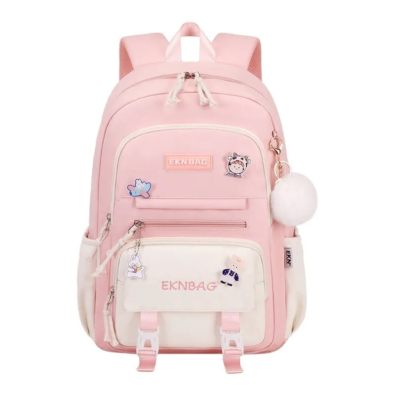 Pink waterproof school backpack set for girls with matching pencil case and tuition bag on a white background.