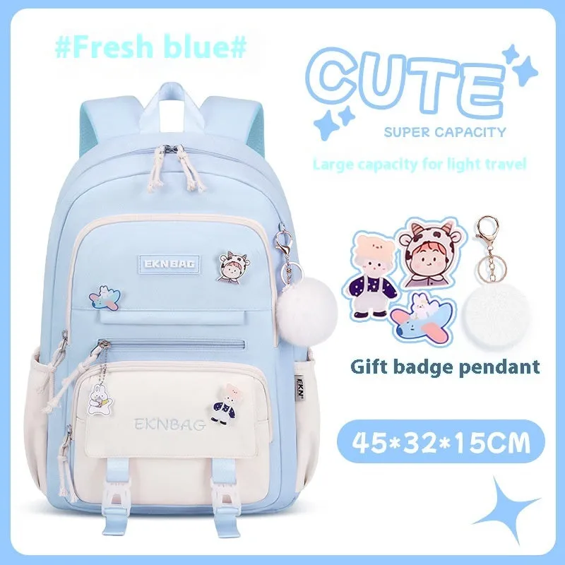 Pink waterproof school backpack set for girls with matching pencil case and tuition bag on a white background.
