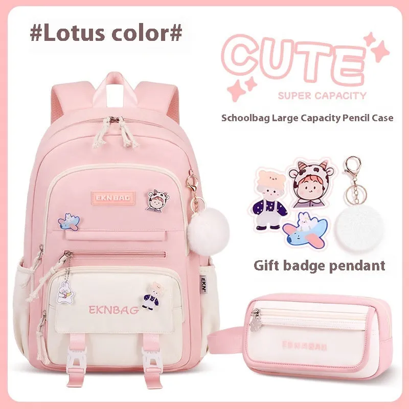 Pink waterproof school backpack set for girls with matching pencil case and tuition bag on a white background.