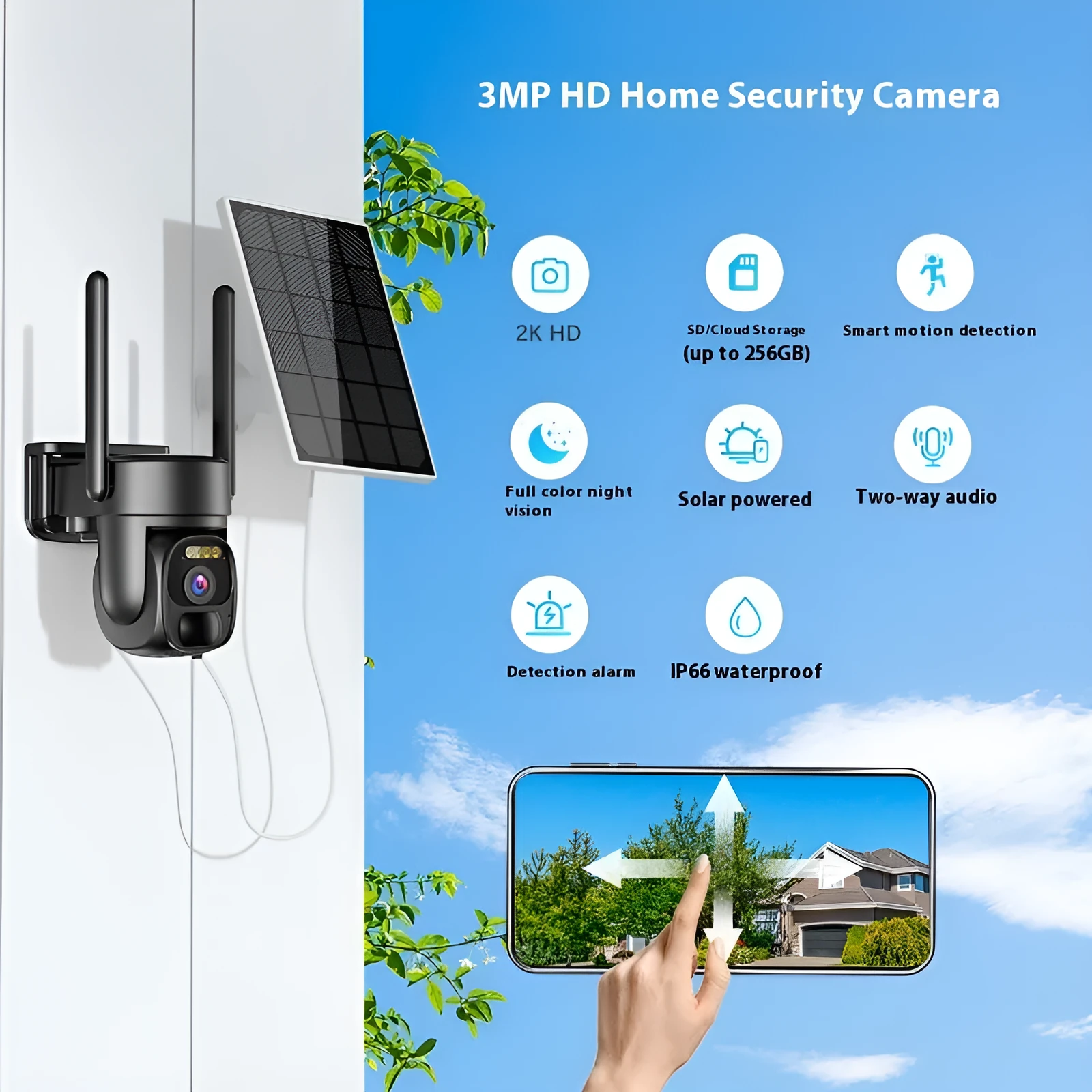 Wireless solar security camera with HD night vision and 355 degree rotation mounted outdoors