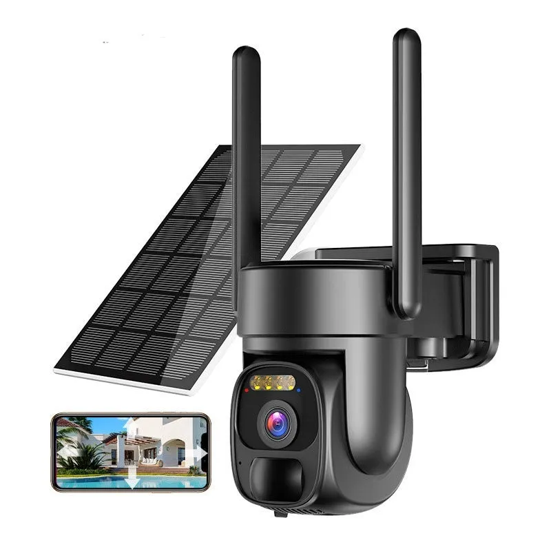 Wireless solar security camera with HD night vision and 355 degree rotation mounted outdoors
