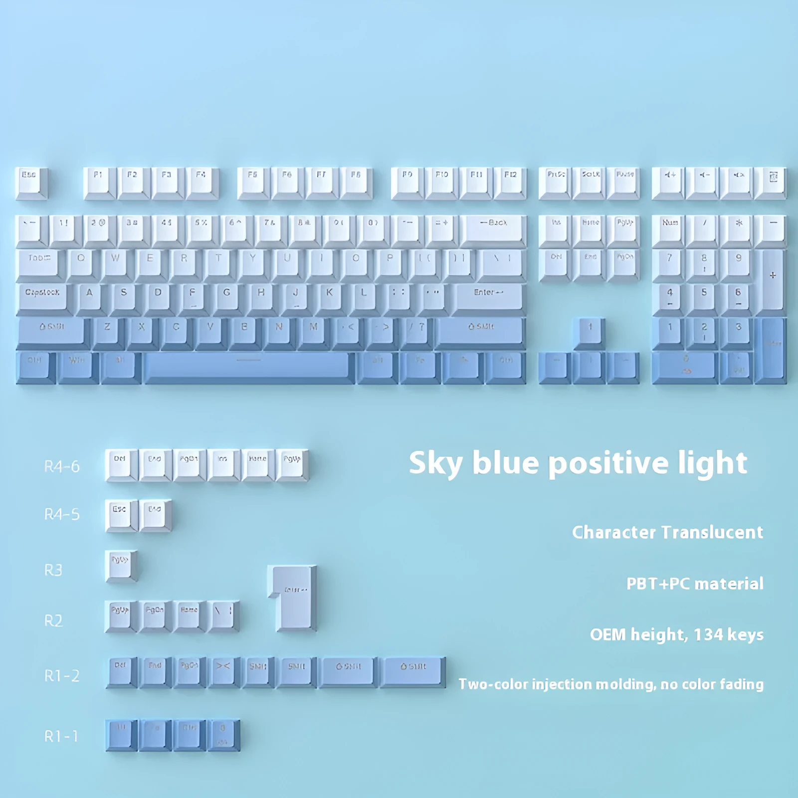 Sky blue gradient PBT key cap set with luminous positive engraving on a mechanical keyboard