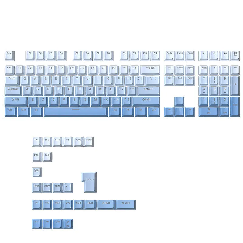 Sky blue gradient PBT key cap set with luminous positive engraving on a mechanical keyboard