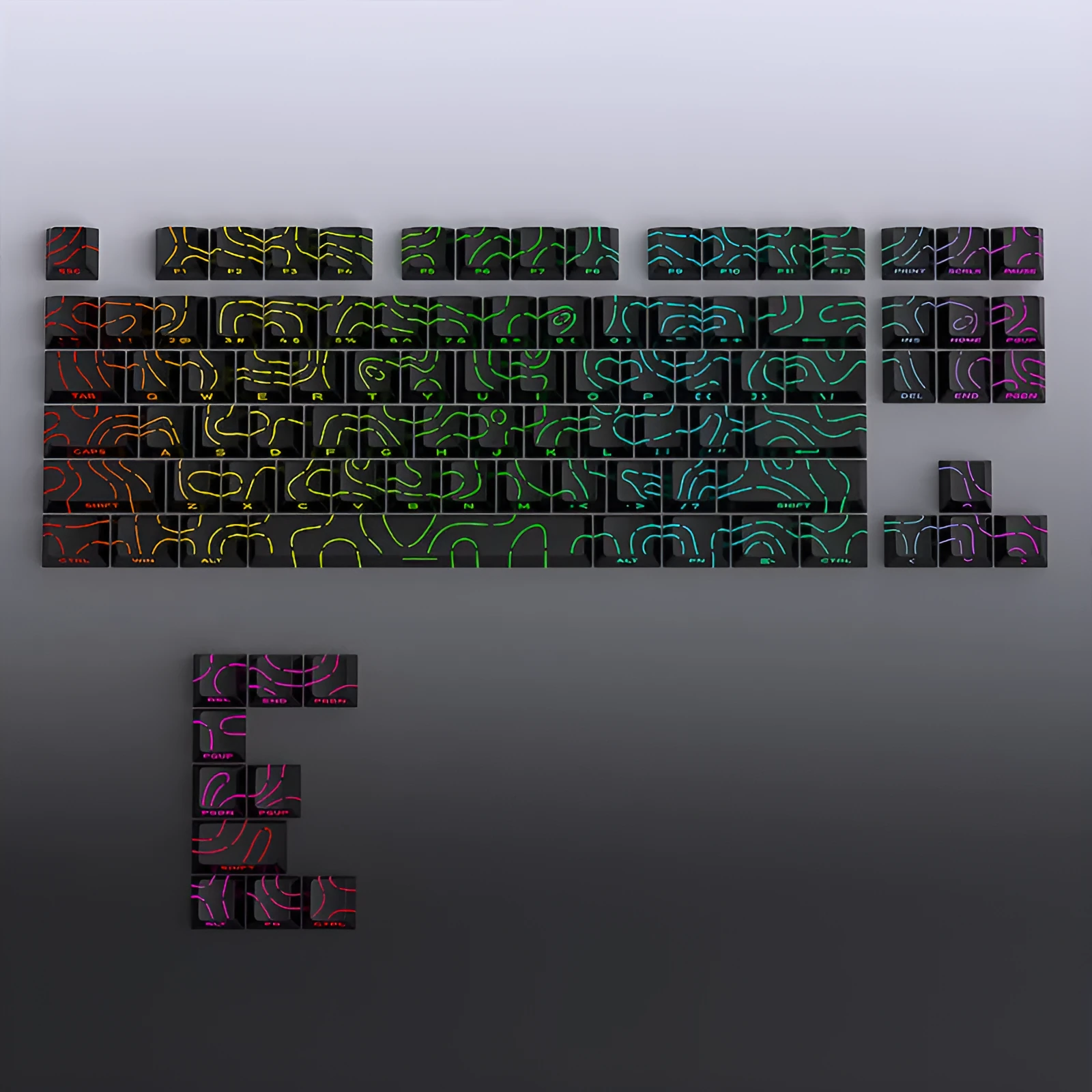 Contour line crack pattern luminous key cap set for mechanical keyboards in black