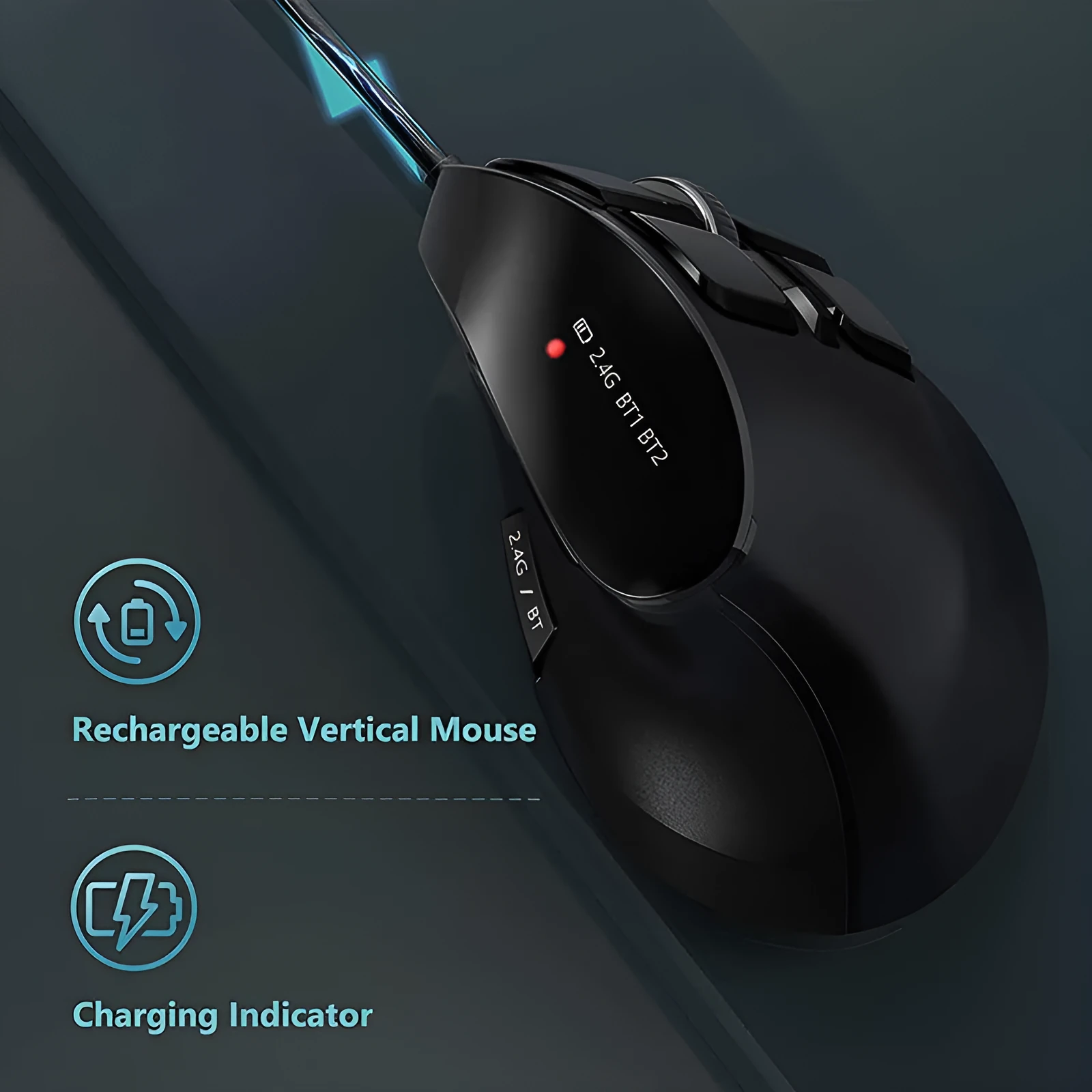 Wireless Bluetooth dual-mode rechargeable optical mouse in black, compact 15x8x5 cm design