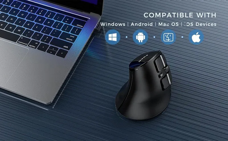 Wireless Bluetooth dual-mode rechargeable optical mouse in black, compact 15x8x5 cm design