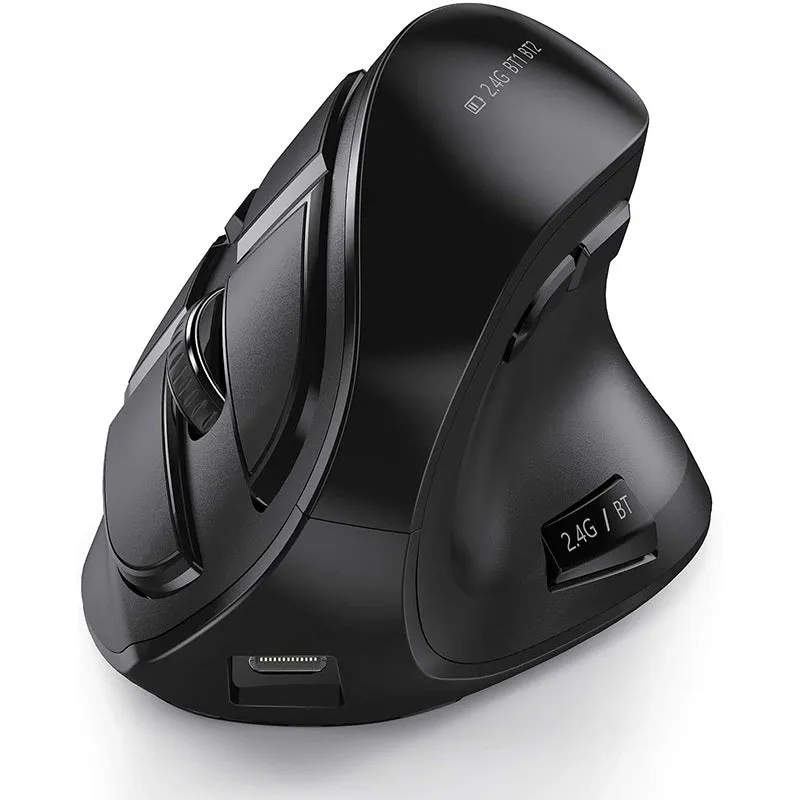 Wireless Bluetooth dual-mode rechargeable optical mouse in black, compact 15x8x5 cm design