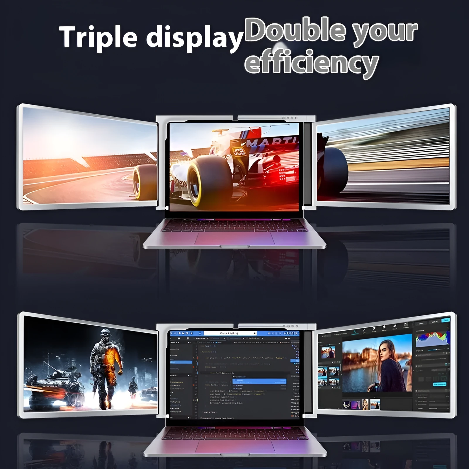 Portable display IPS panel 1920x1080 Silver Gray with USB-C and MINI HDMI cables on desk