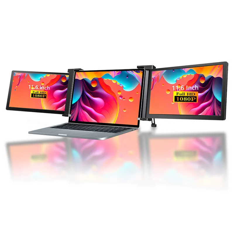Portable display IPS panel 1920x1080 Silver Gray with USB-C and MINI HDMI cables on desk