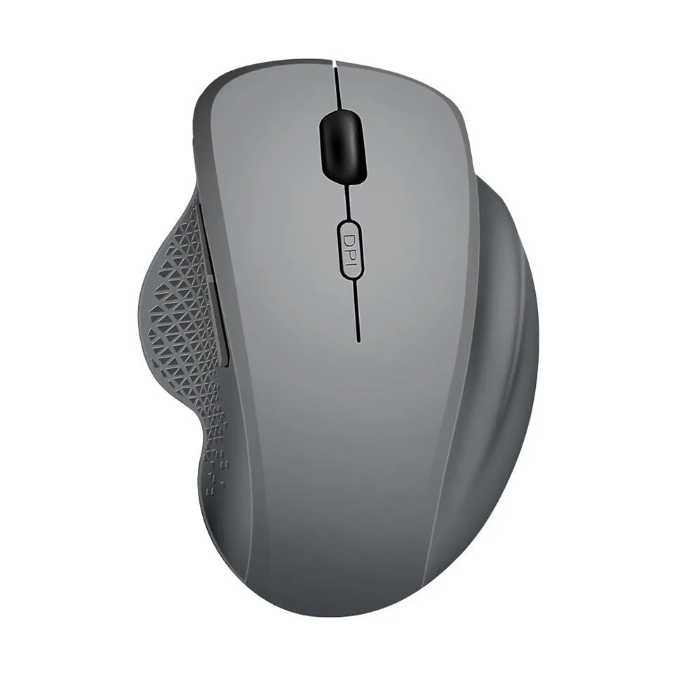Grey and black wireless laptop mouse with USB charging cable on white background