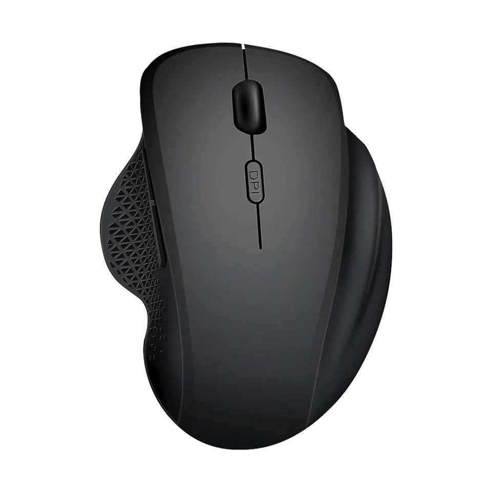 Grey and black wireless laptop mouse with USB charging cable on white background