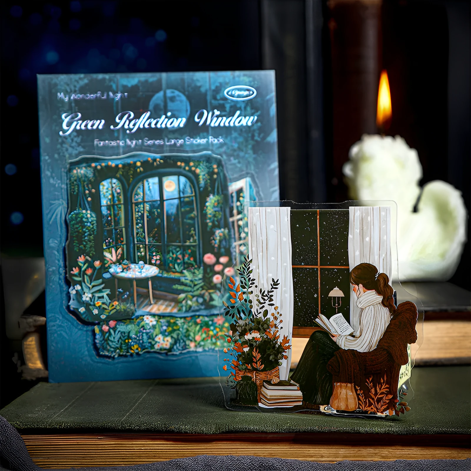 PET large night view sticker set with 6 retro printed scenes on a clear background, approximately 110x156mm each
