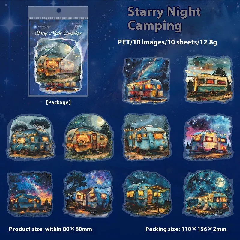 PET large night view sticker set with 6 retro printed scenes on a clear background, approximately 110x156mm each