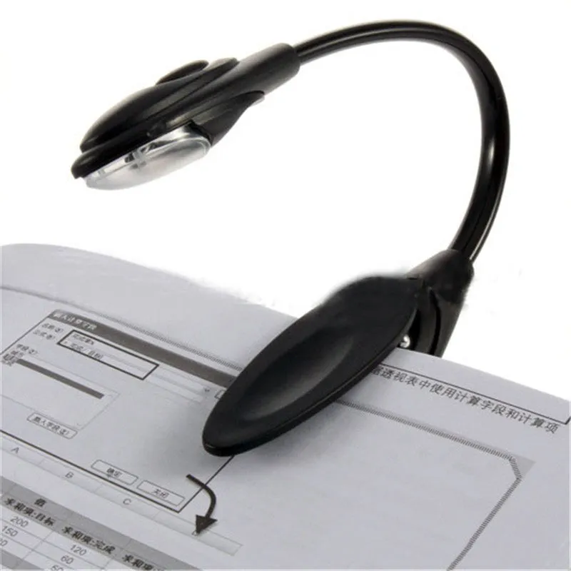 Black clip-on LED book light with gooseneck arm and small LED head, 26cm total length