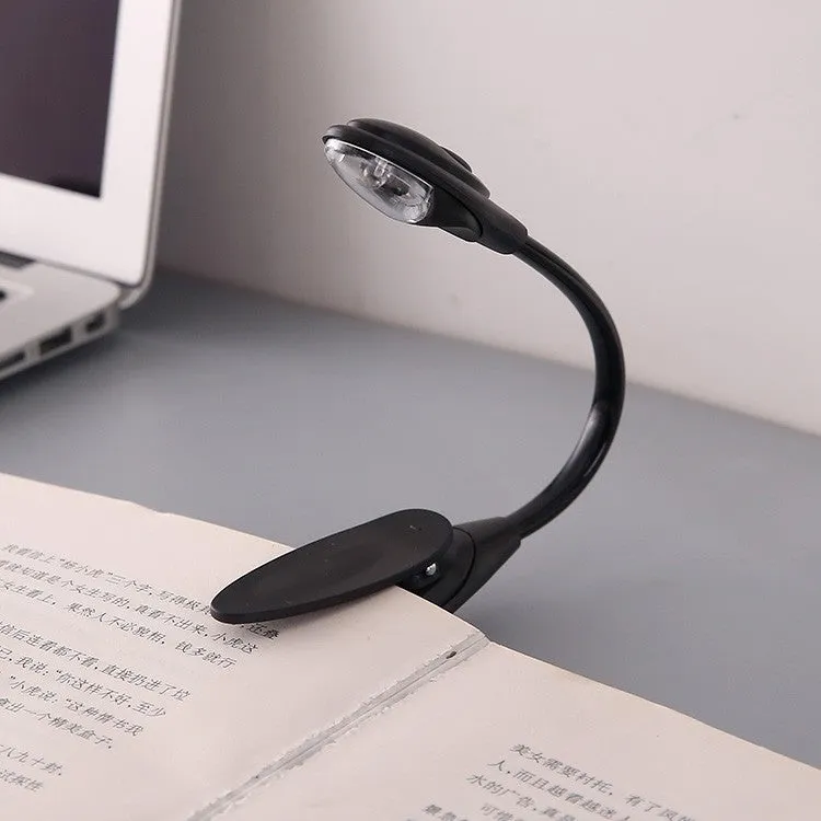 Black clip-on LED book light with gooseneck arm and small LED head, 26cm total length