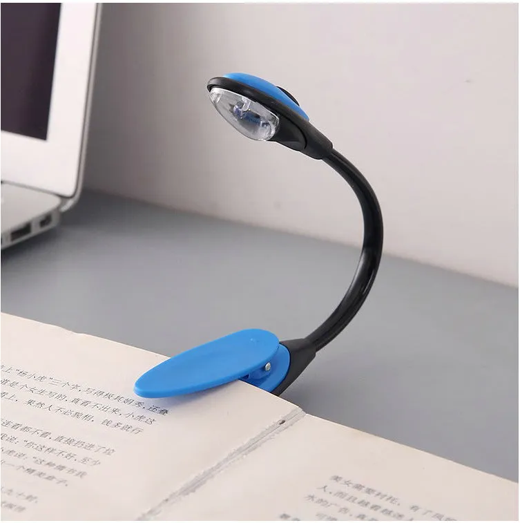 Black clip-on LED book light with gooseneck arm and small LED head, 26cm total length