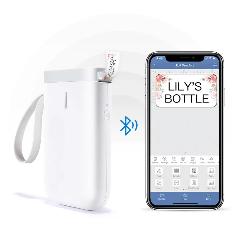 D11 Bluetooth label printer in black with thermal paper roll and smartphone showing app interface