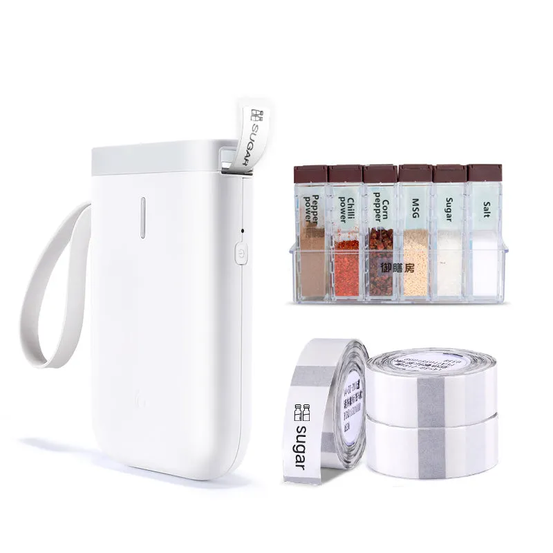 D11 Bluetooth label printer in black with thermal paper roll and smartphone showing app interface