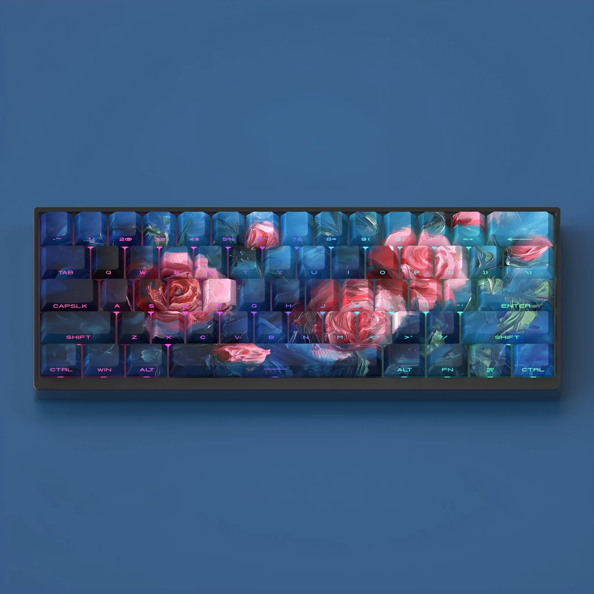 Rose colour PBT mechanical keycap set with transparent oil painting style and side carving