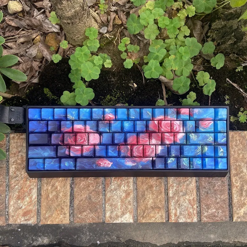 Rose colour PBT mechanical keycap set with transparent oil painting style and side carving