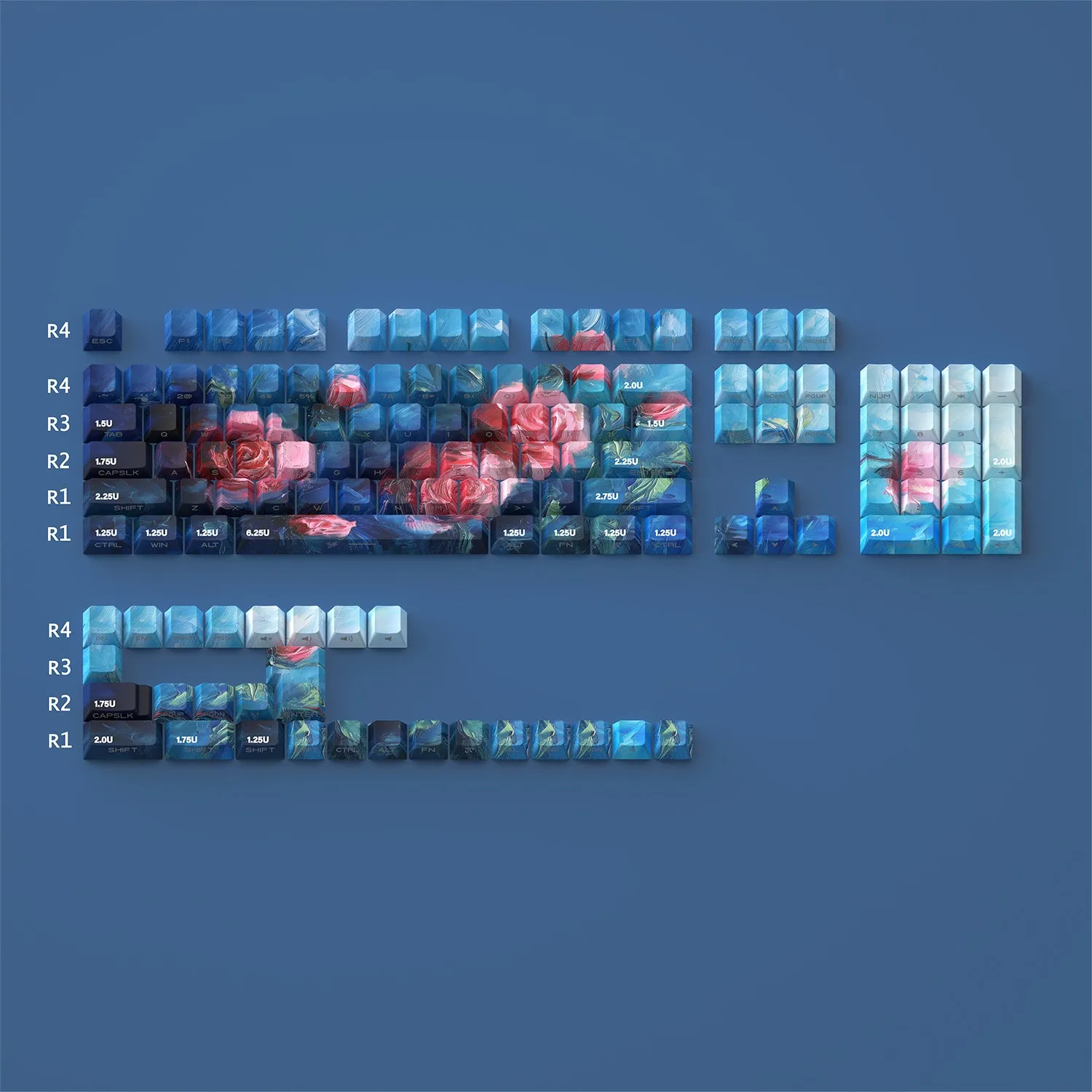 Rose colour PBT mechanical keycap set with transparent oil painting style and side carving