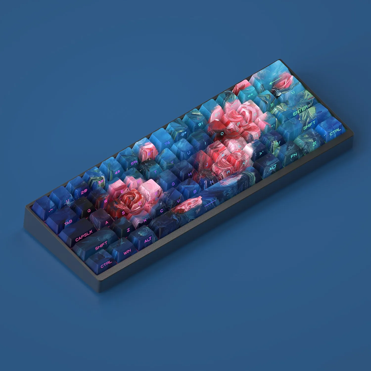 Rose colour PBT mechanical keycap set with transparent oil painting style and side carving