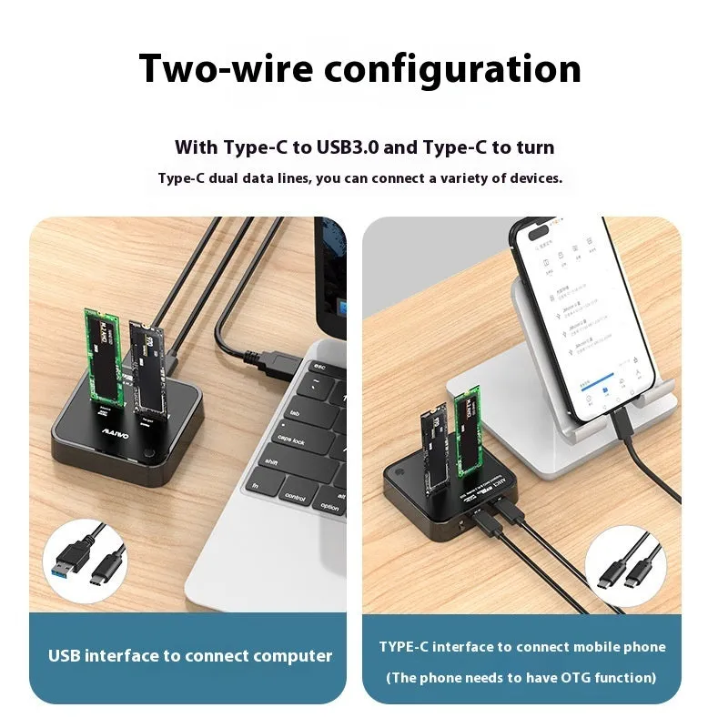 MAIWO K3016 M2 hard disk cloning dock for NVMe and SATA SSDs with USB cables and power adapter.