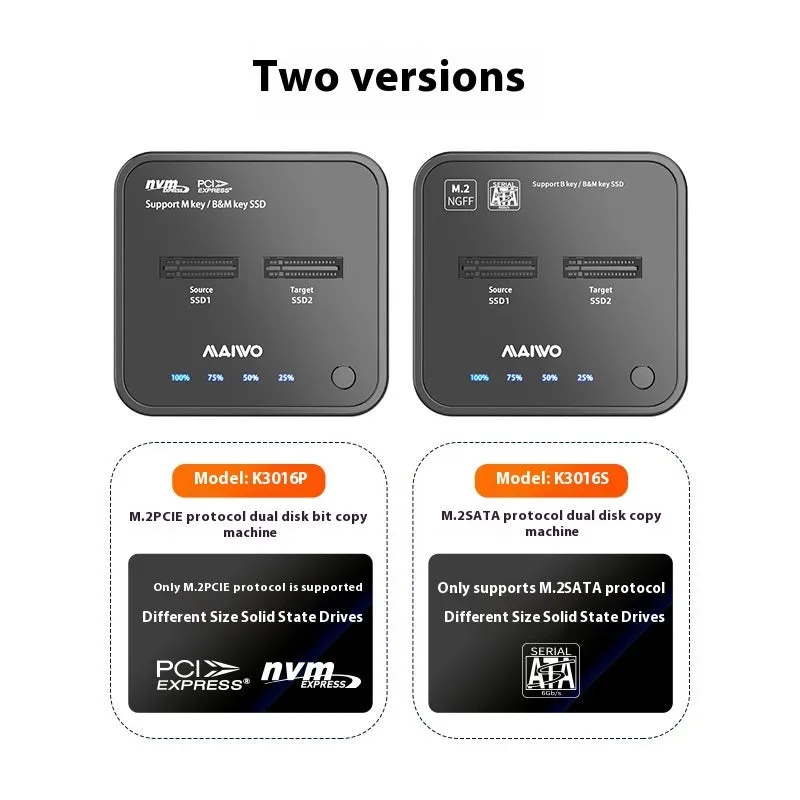 MAIWO K3016 M2 hard disk cloning dock for NVMe and SATA SSDs with USB cables and power adapter.