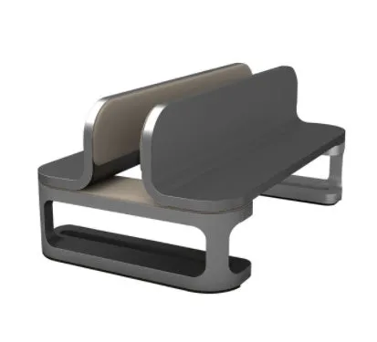 Aluminium alloy adjustable vertical stand holding a silver Macbook on a desk, promoting ventilation and space saving