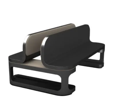 Aluminium alloy adjustable vertical stand holding a silver Macbook on a desk, promoting ventilation and space saving