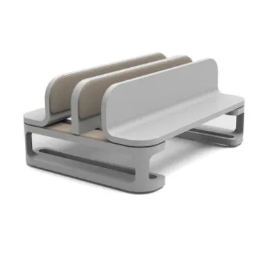 Aluminium alloy adjustable vertical stand holding a silver Macbook on a desk, promoting ventilation and space saving