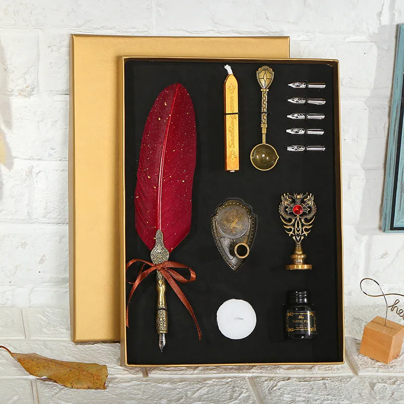 European style retro sprinkled gold feather pen set with ink bottle spoon, 15 ml capacity