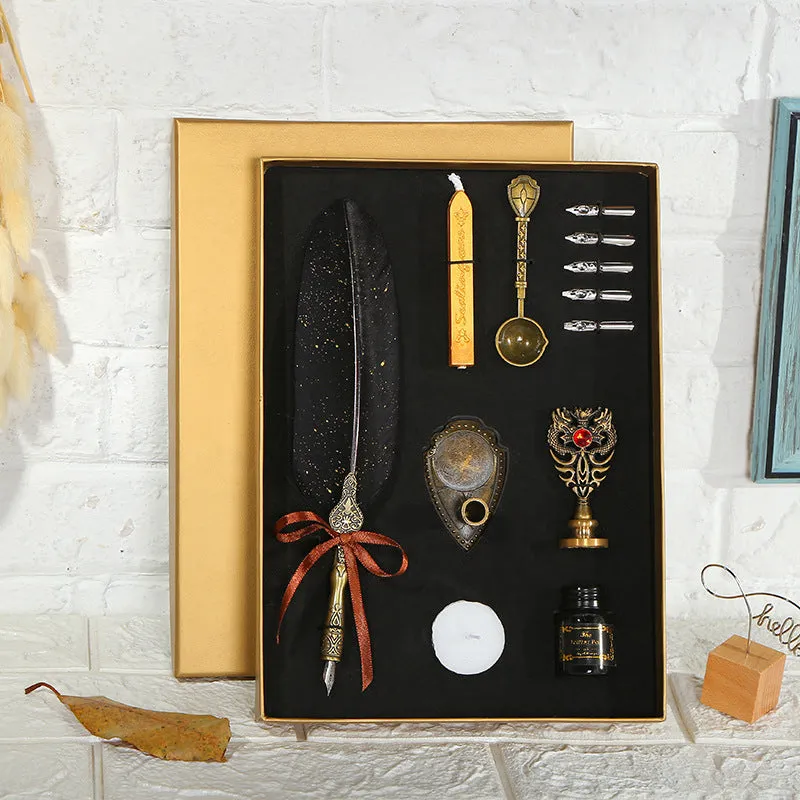 European style retro sprinkled gold feather pen set with ink bottle spoon, 15 ml capacity