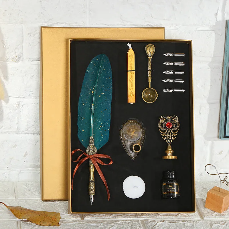 European style retro sprinkled gold feather pen set with ink bottle spoon, 15 ml capacity