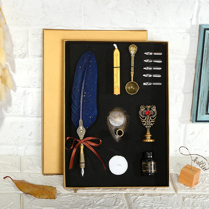 European style retro sprinkled gold feather pen set with ink bottle spoon, 15 ml capacity