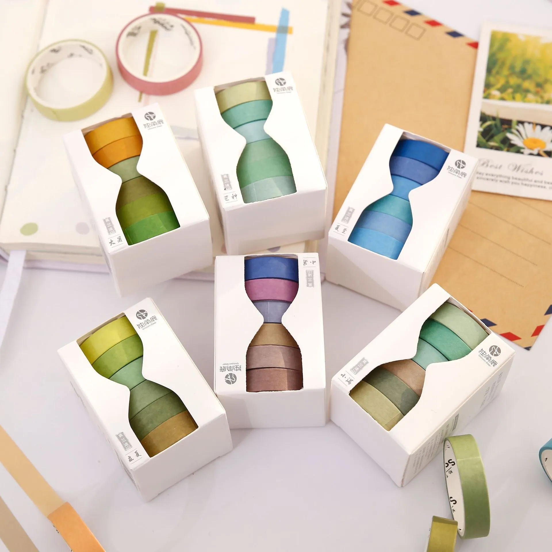 Morandi paper tape 9mm x 3m in assorted colours on a white background