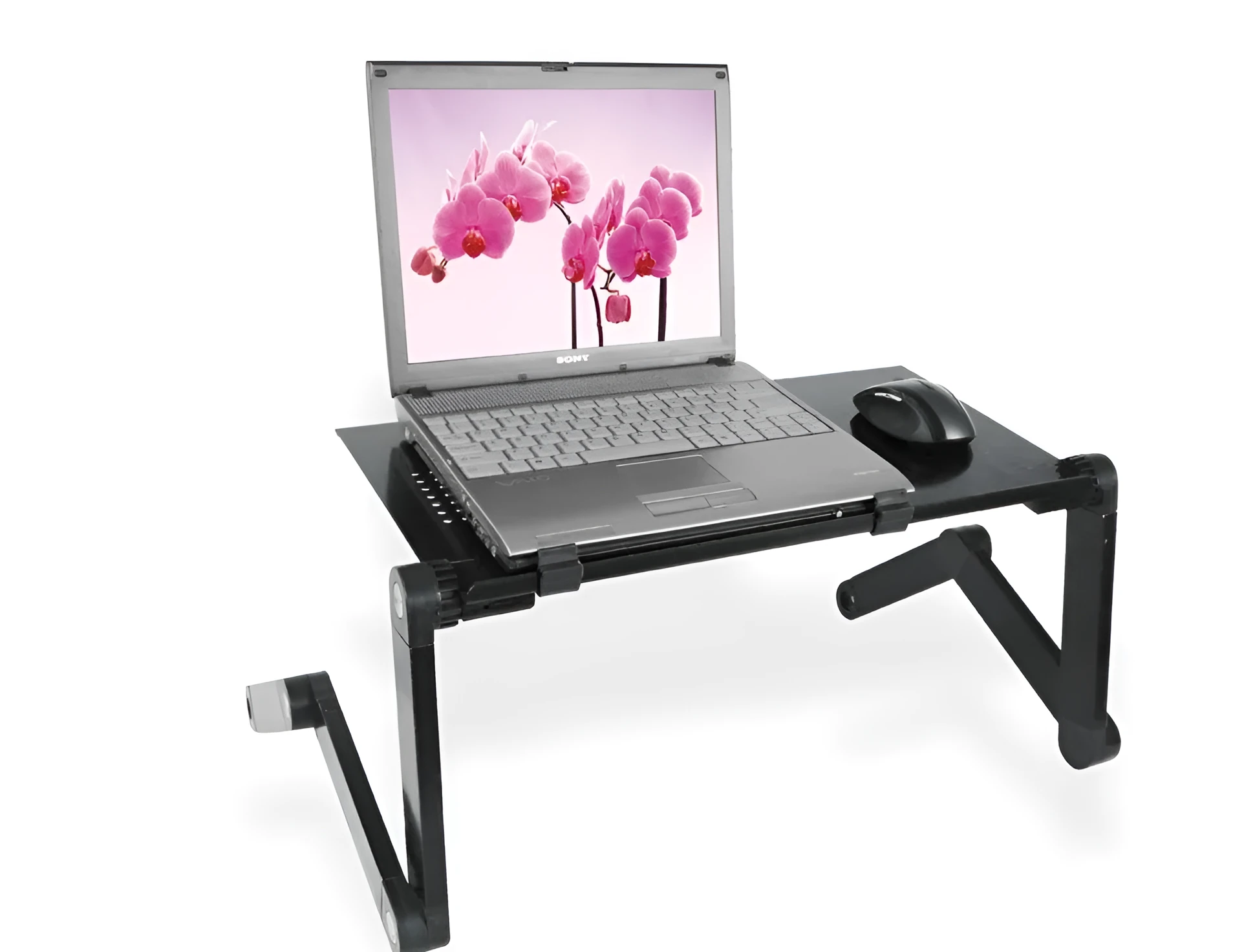 Black vertical folding metal laptop desk with ventilated surface and adjustable height showing legs extended