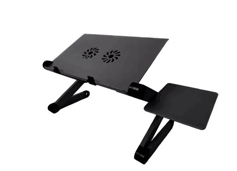 Black vertical folding metal laptop desk with ventilated surface and adjustable height showing legs extended